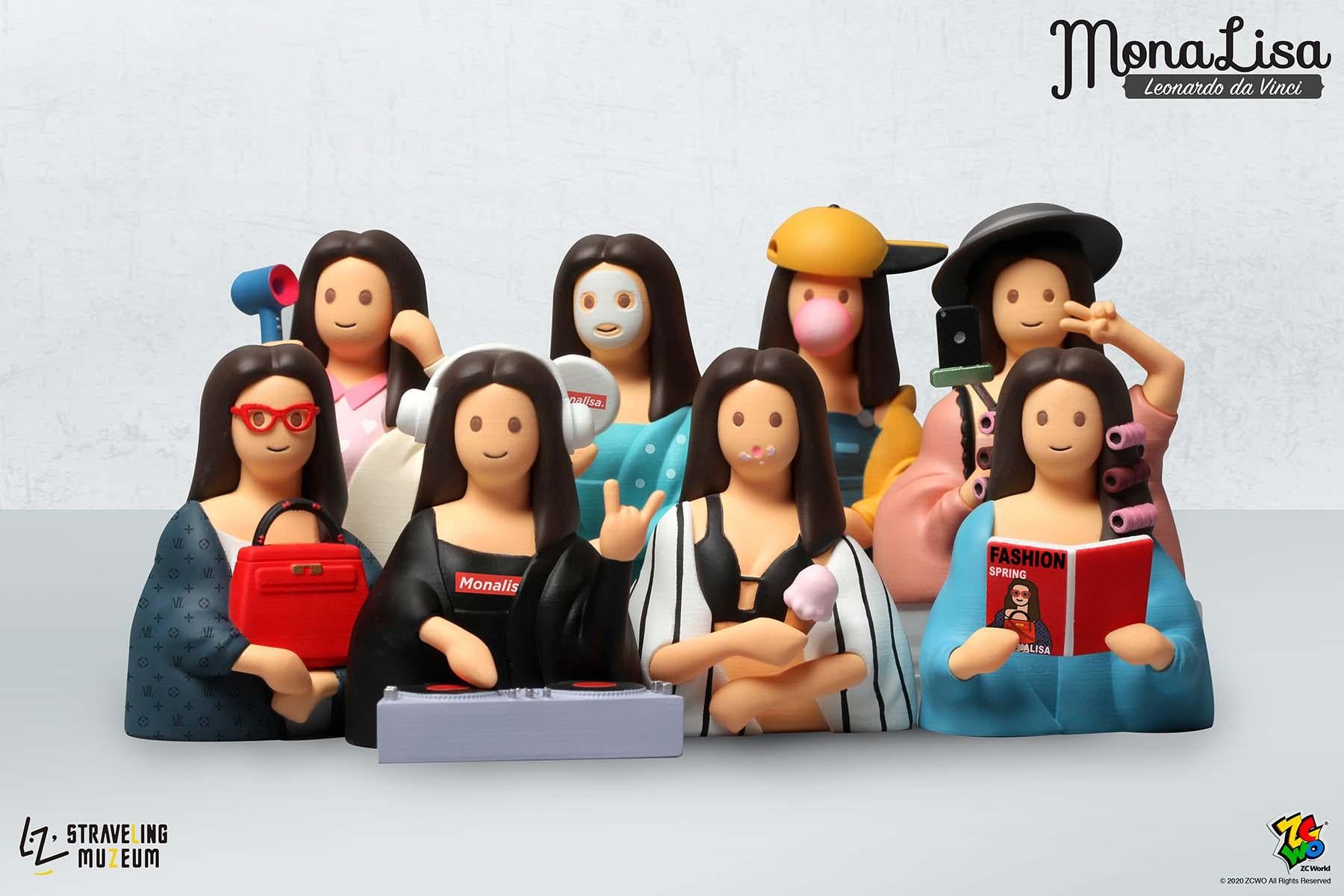A group of Mona Lisa mini figures capturing funny modern life moments, part of a blindbox series with 8 different styles.