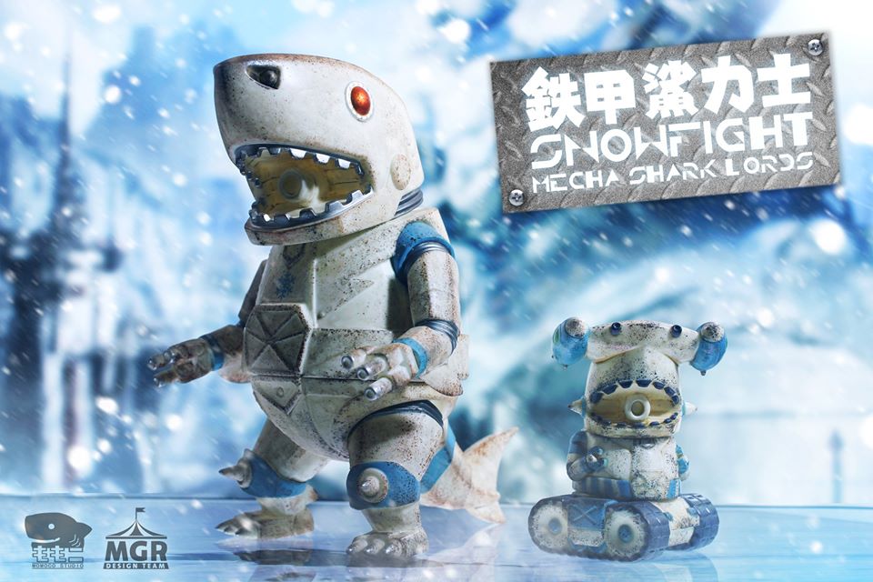 Toy robot with a shark head and large mouth, close-up detail of a toy, part of Mecha Shark Lords & Devil Shark Lords Jr. (Snow Fight Version) by Momoco.