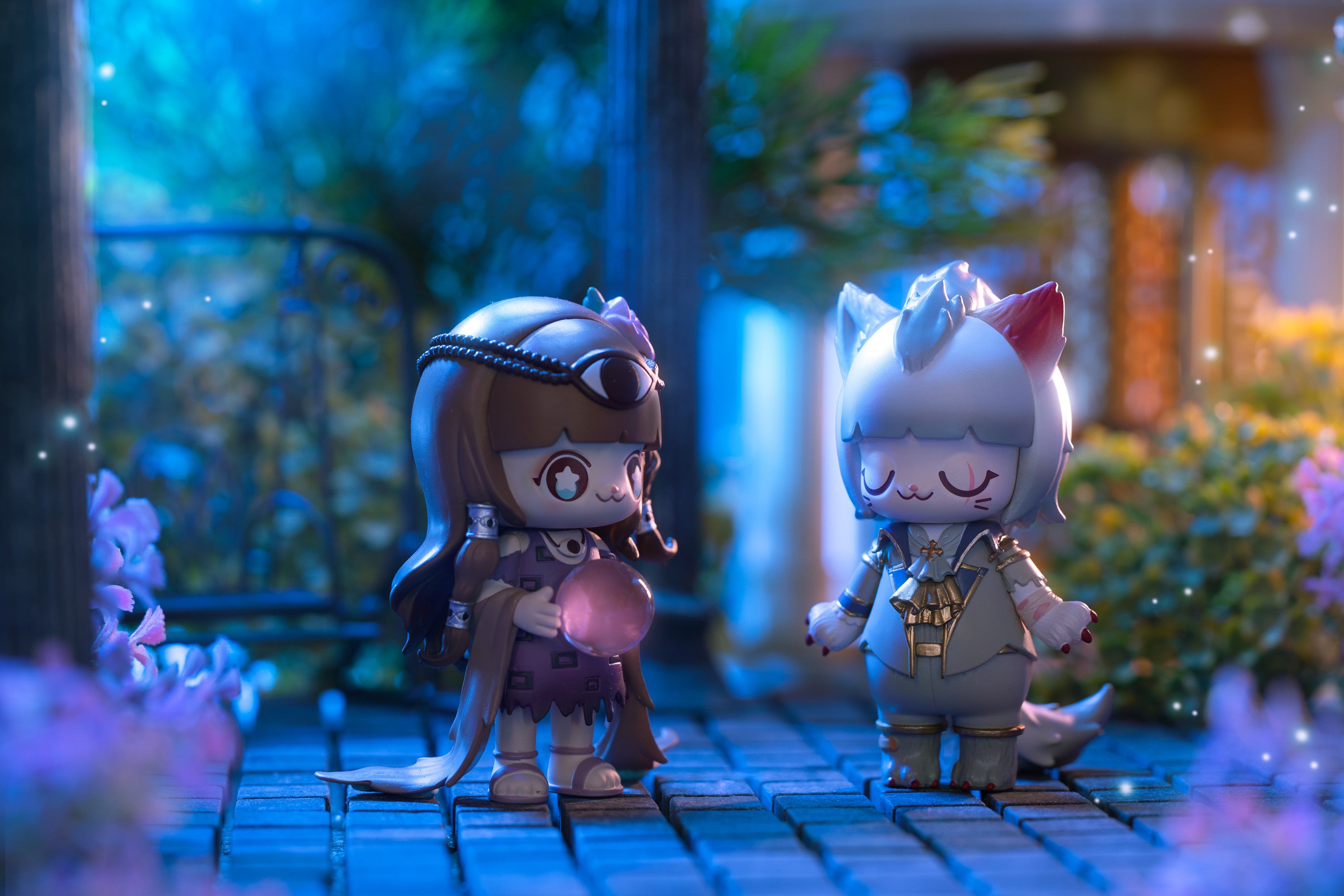 KIMMY & MIKI Werewolf Blind Box Series: Toy figurines of a cat and a woman holding a pink ball on a patio.