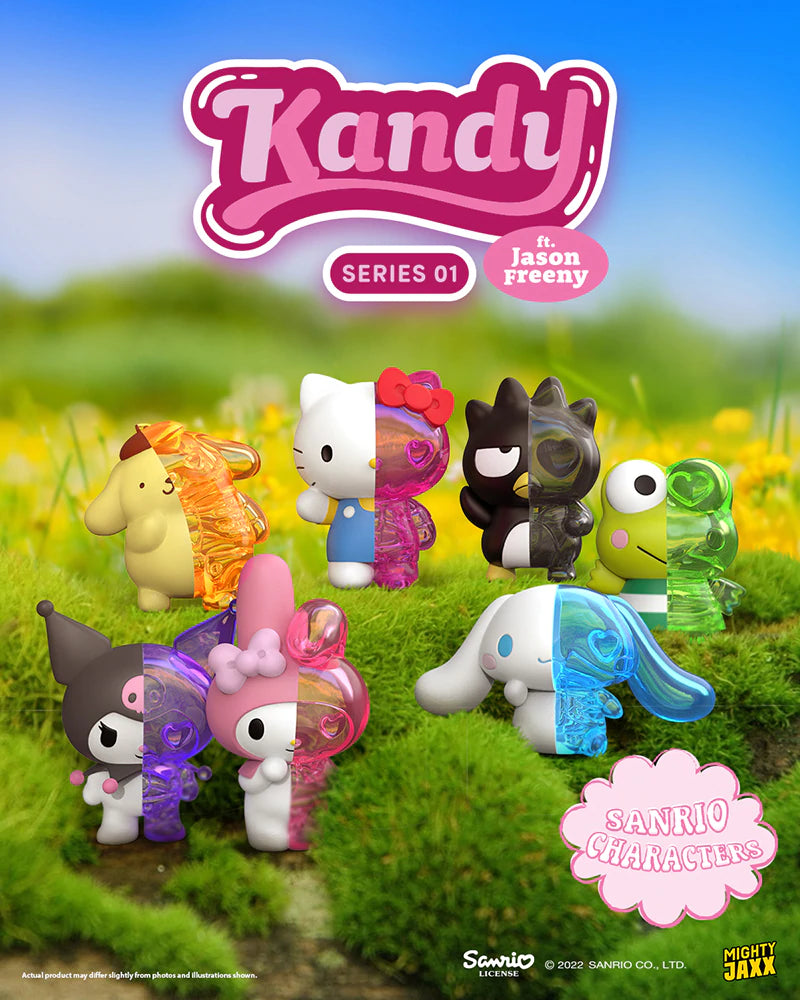 A group of Sanrio Sweet Kandy blind box toys featuring various cartoon characters and animal figures by Jason Freeny.