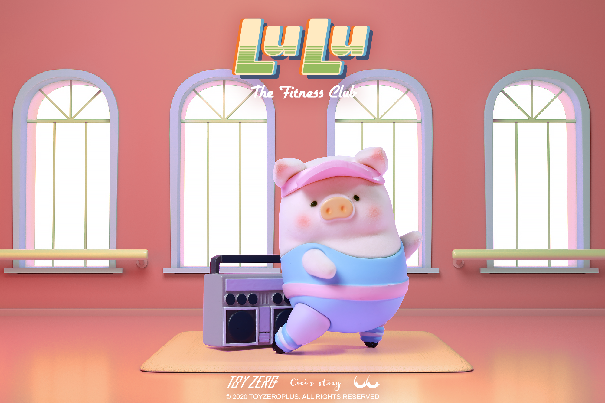 A cartoon pig toy with a cap and pants next to a radio, part of LULU the piggy - The Fitness Club Series Blind Box Set by Cici’s Story.