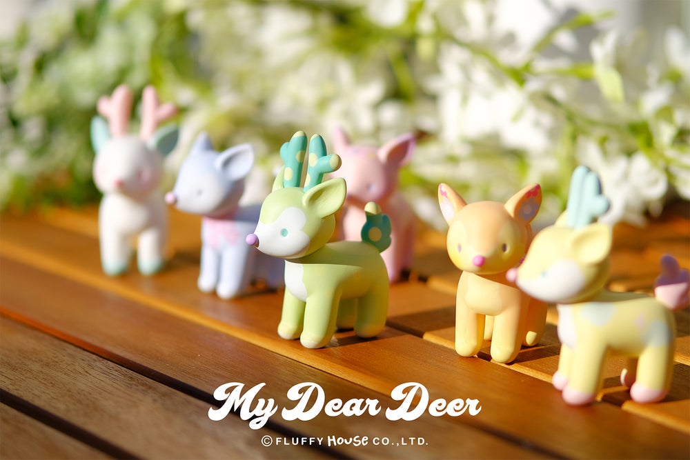 A group of toy animals from My Dear Deer blind box series by Fluffy House.
