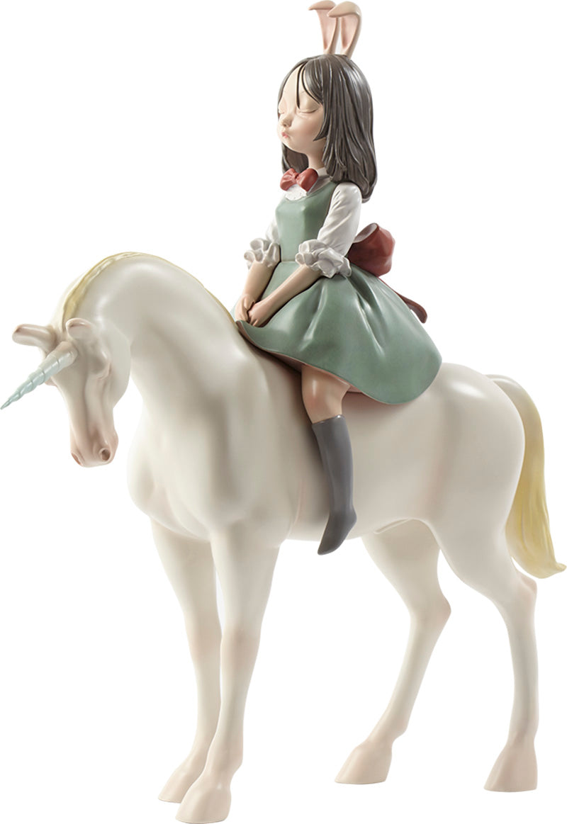 Dream of Fairy Tales-Hoping Horse: Statue of girl on unicorn, close-up details, rabbit ears, doll, arm band.