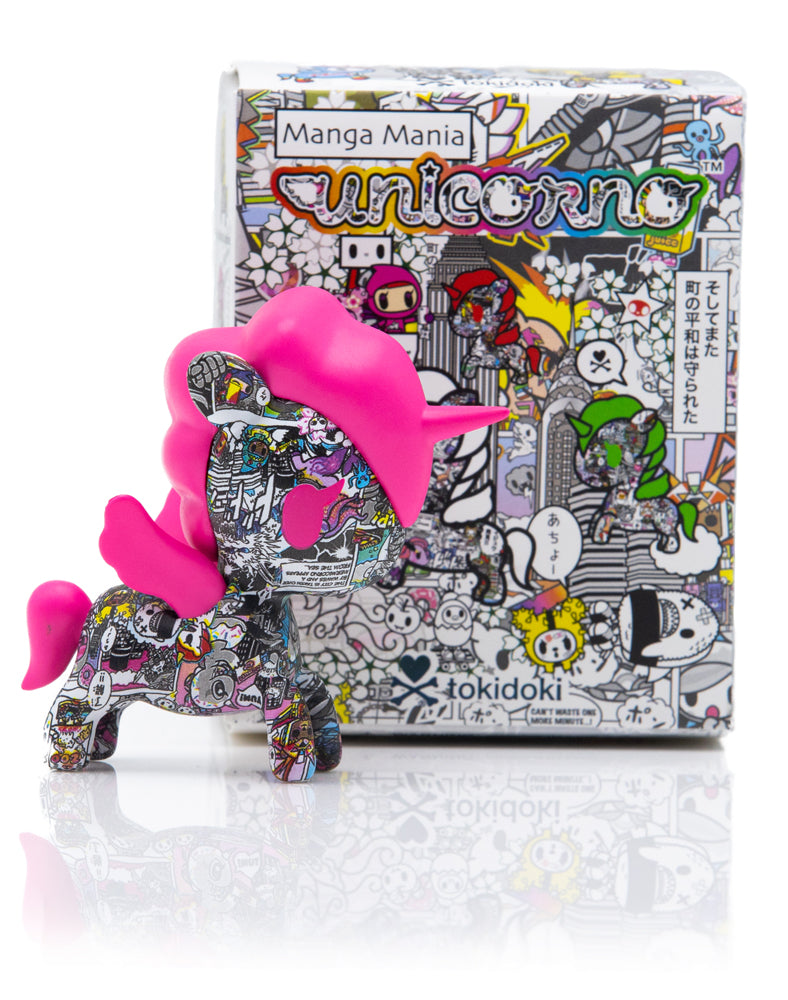 A toy unicorn from the MANGA MANIA UNICORNO Blind Box Series, featuring various designs including a unicorn with a box, pink hat, and pink mane.