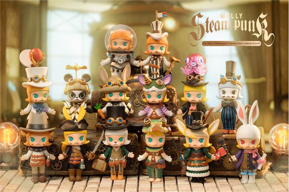Molly Steam Punk Blind Box Series figurines by Kenny Wong, featuring various toy characters in PVC material.