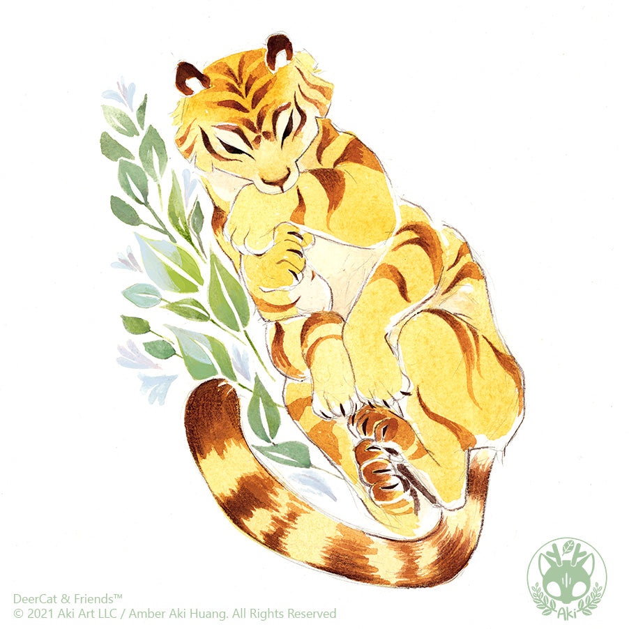 Art print of a tiger sketch with long tail and leaves, part of DeerCat Cafe collection.