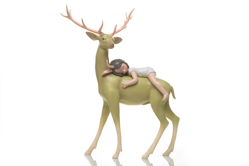 Statue of girl on deer and horse, part of Dream of Fairy Tales-Lucky Deer by Kemelife collection. Dimensions: 60×33×22cm.