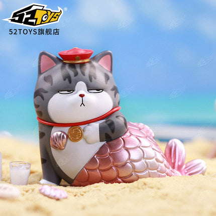 WUHUANG WANSHUI Blind Box Series 3 cat figurine with mermaid tail on beach, PVC toy, 6cm.