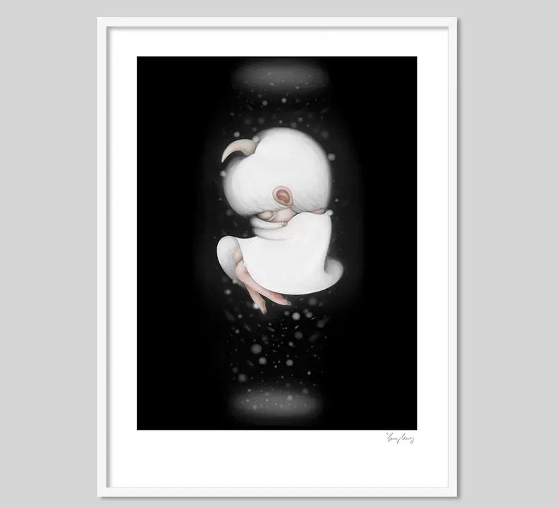 Unicorn Doll Snow Art Print featuring a framed picture of a baby, a cartoon of a bird, and a cartoon of a child sleeping.