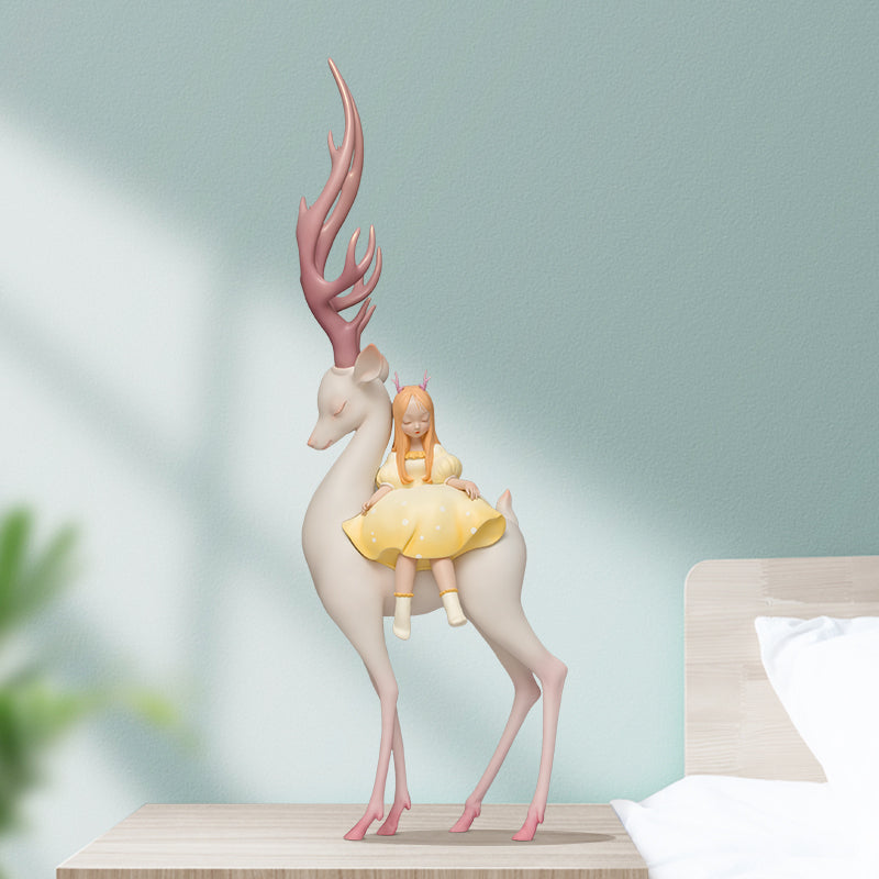 Toy figurine of a girl riding a deer statue, close-up of bed, White Night Fairy Tale-Xianglu-Xinghe by Kemelife, 55×11.8×18.5cm.