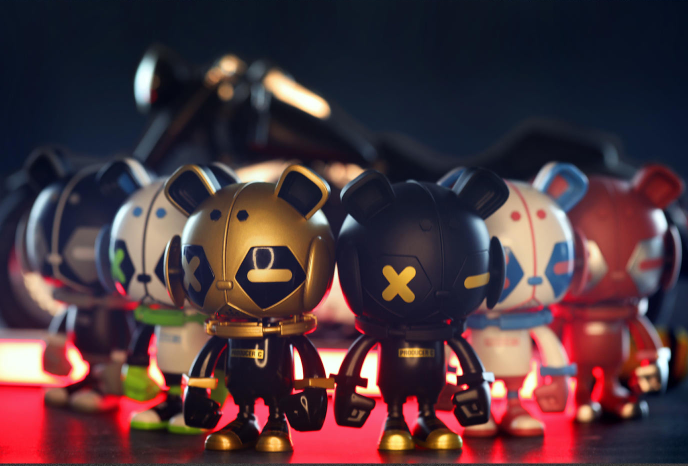 A group of cartoon animal figurine toys from the P.D.C Parasitic Panda Blind Box Series, with detailed close-ups of the action figures.