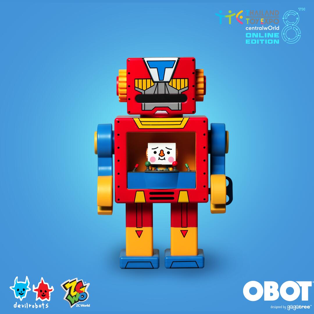 Toy robot with square window and red rectangular object, part of To-Fu Oyako Meets Obot by Devilrobots.