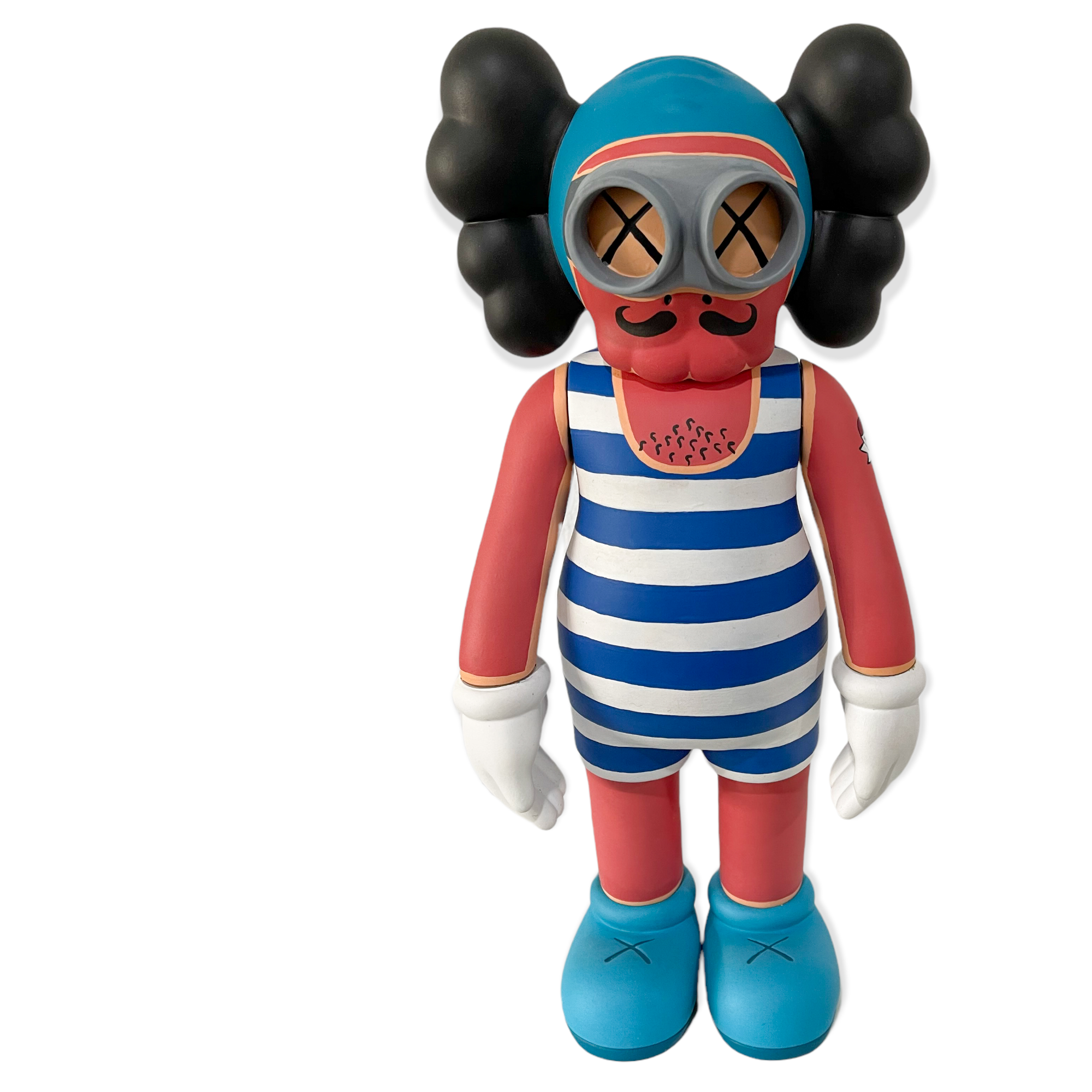 Toy figurine of a man in swimsuit and mustache with mask, goggles, striped bodysuit, and blue shoes.