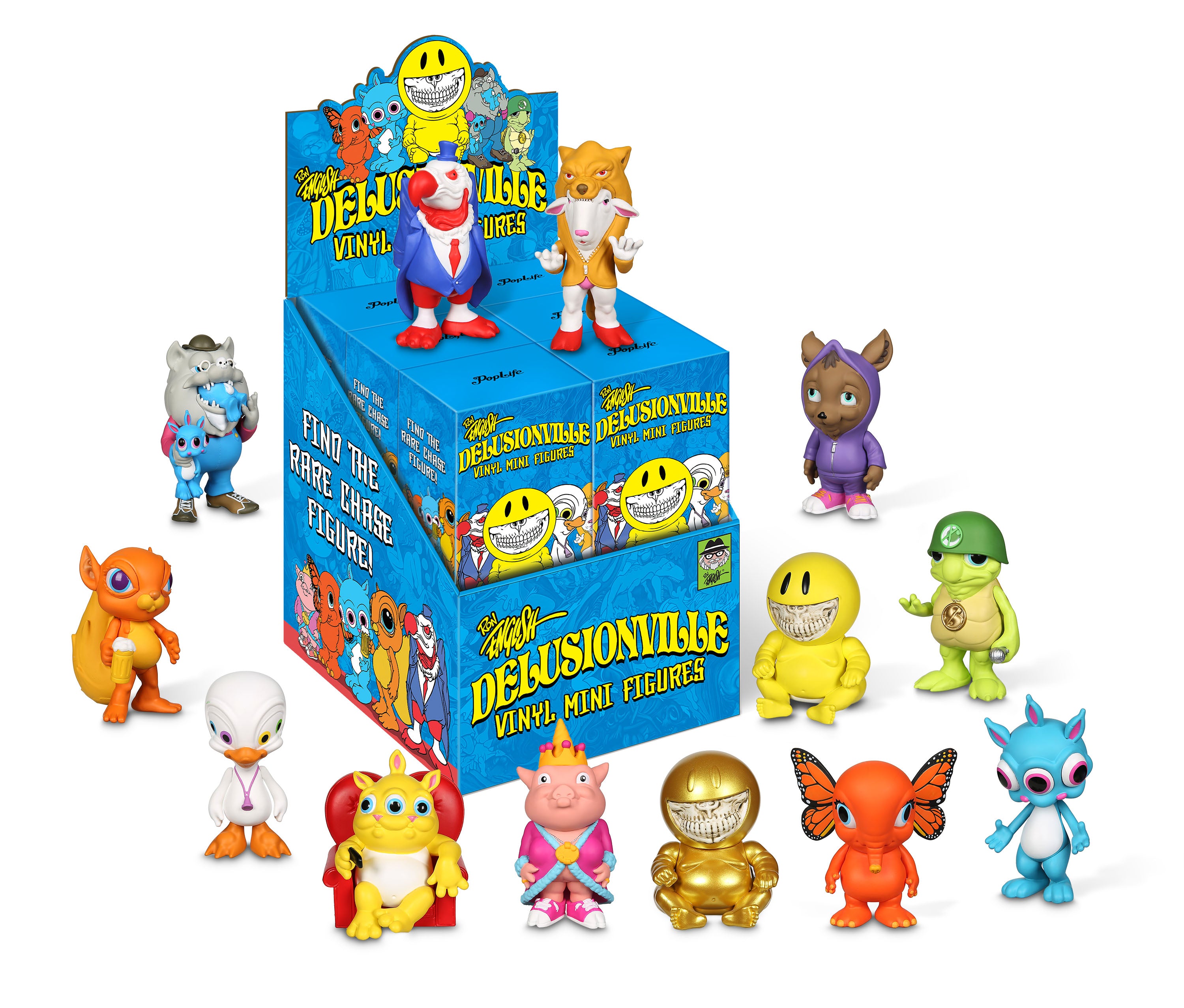 Delusionville Minis by Ron English x Pop Life toy collection featuring various whimsical characters including an orange elephant with butterfly wings, a blue cartoon animal, and a gold figurine with a skull face.