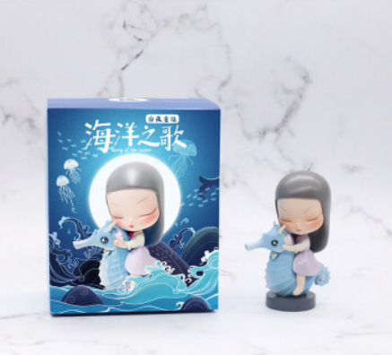 A small figurine of a girl with a seahorse and a box with a cartoon character, alongside a close-up of a toy.