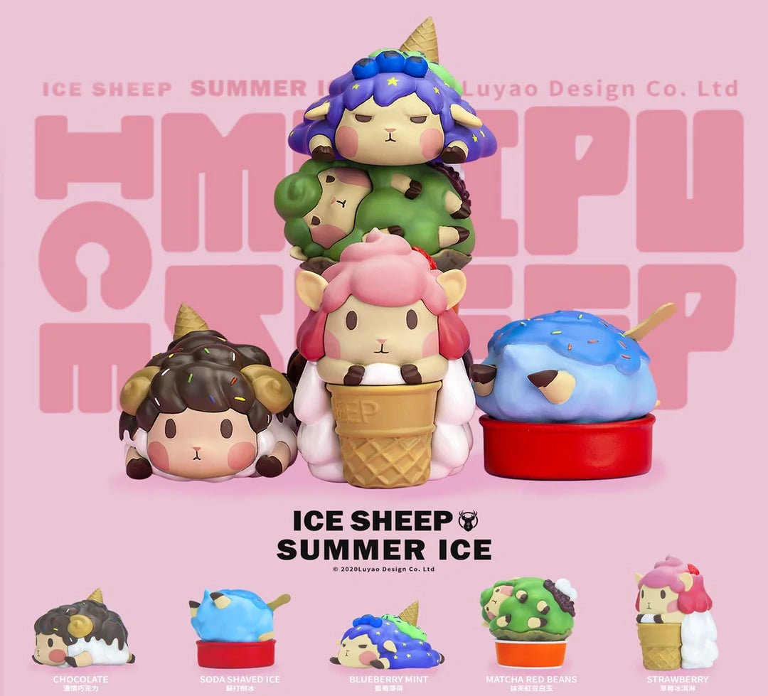 Ice Sheep toy animals with ice cream cones and cupcakes from the Summer Ice Gatcha Series by Strangecat Toys.
