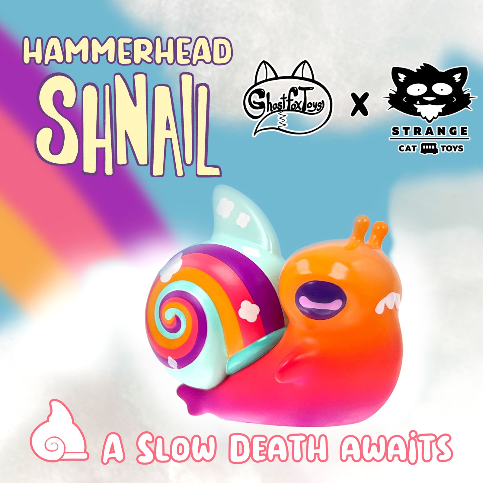 Vinyl toy of a Hammerhead Shnail by Ghost Fox Toys, featuring a colorful plastic snail design and a logo of a toy company.