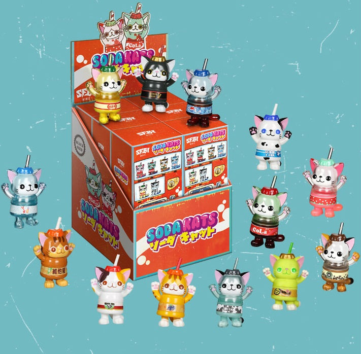Mini Soda Kats blind box series toy cats with hats and accessories.