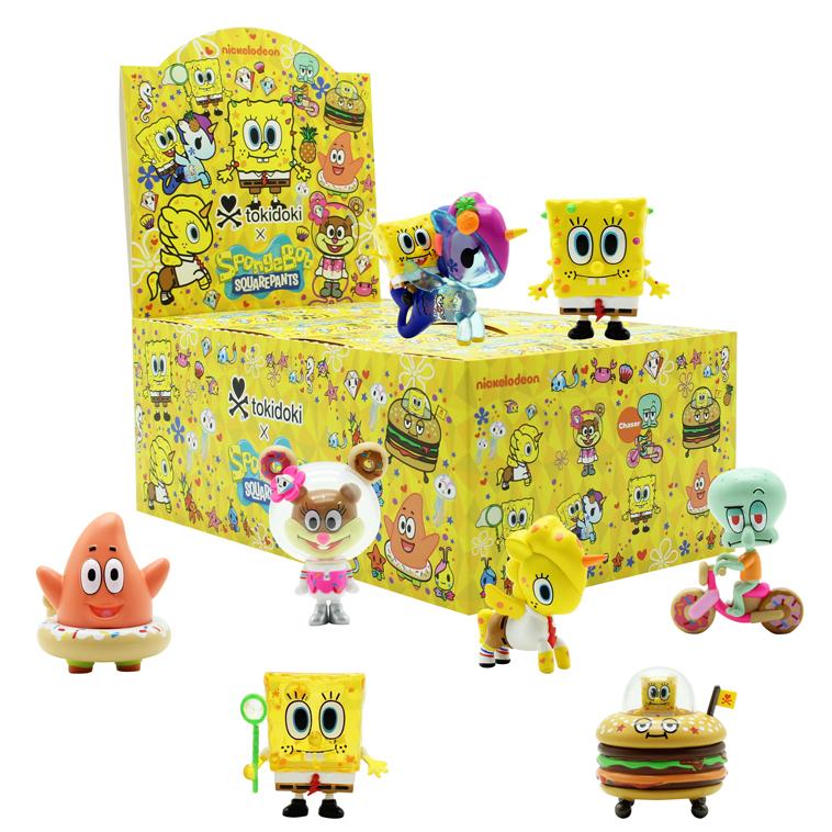 A yellow box with cartoon characters, toy burger, and toy animal from tokidoki x SpongeBob SquarePants Blind Box Series.