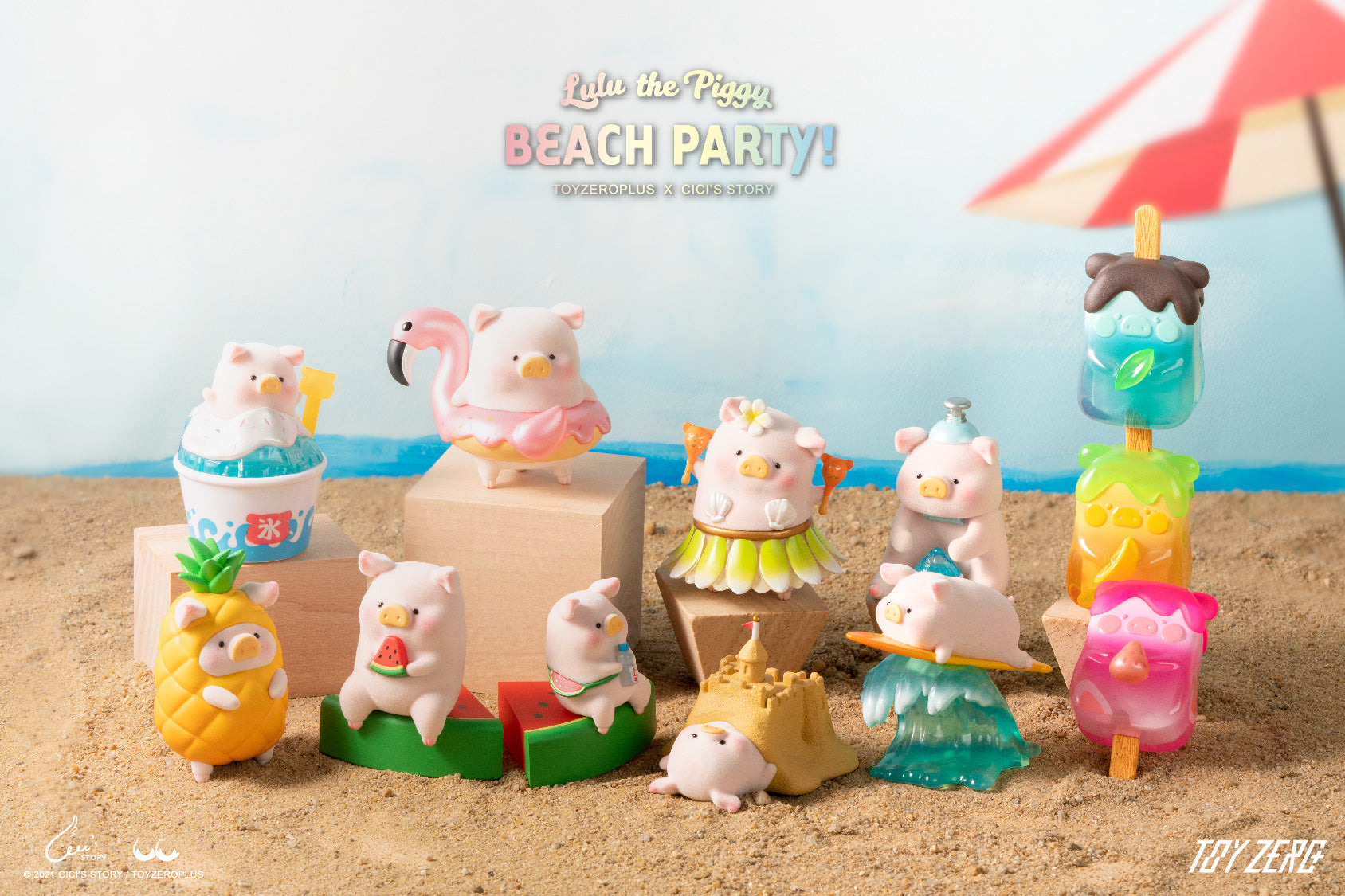 Summer LuLu Blind Box Series by Cici’s Story x ToyZero Plus: Group of small pig figurines on sand, one on a surfboard and another in a flamingo float.