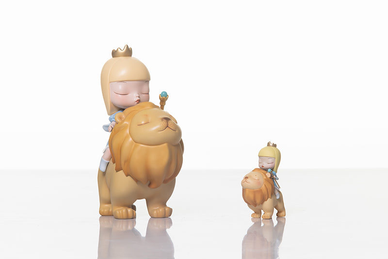 Toy figurine of a girl and a lion, part of White Night Fairy Tale - Greyhound Knight collection by Steven Jia.