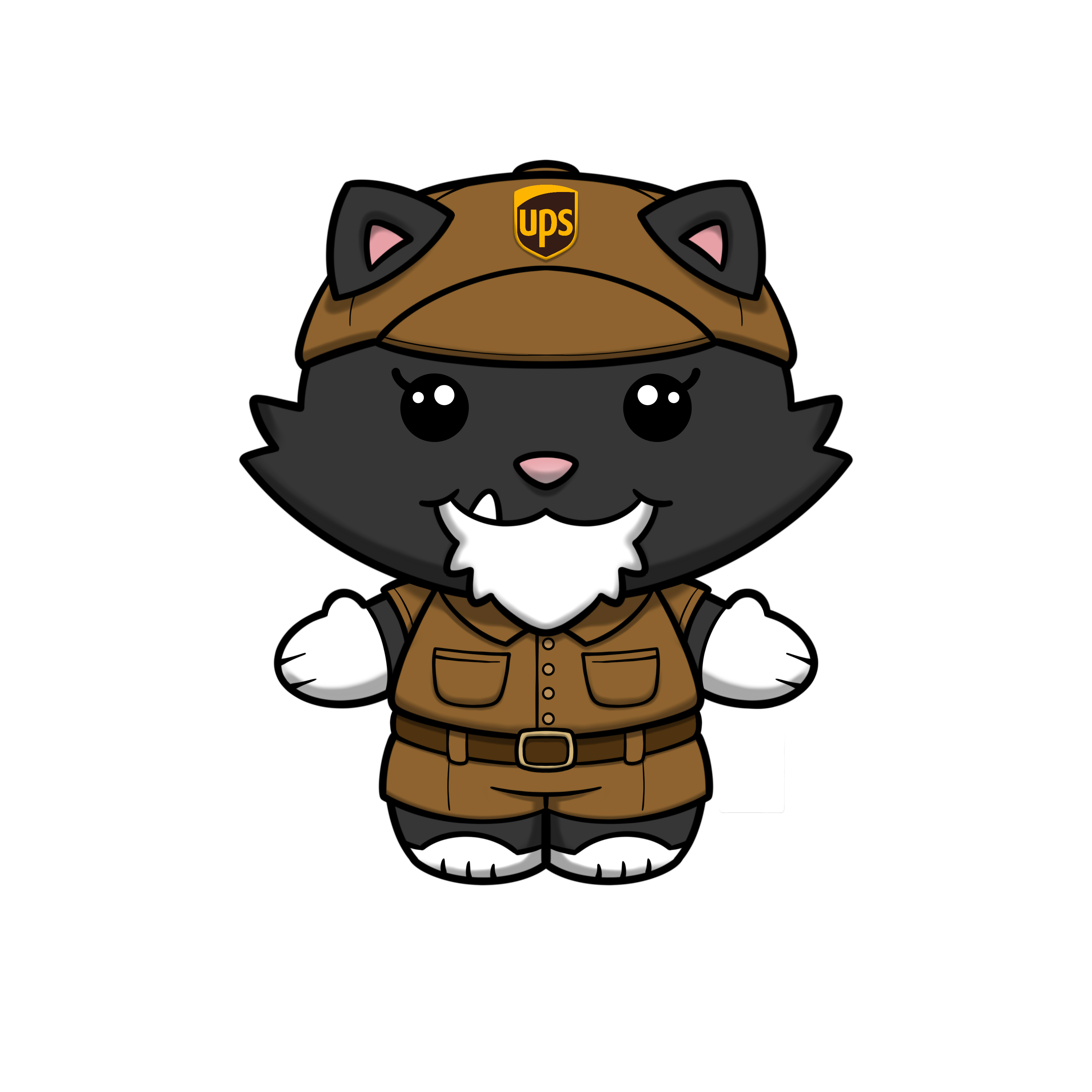 Cartoon cat in uniform with mustache and logo, Hold My Order Token.