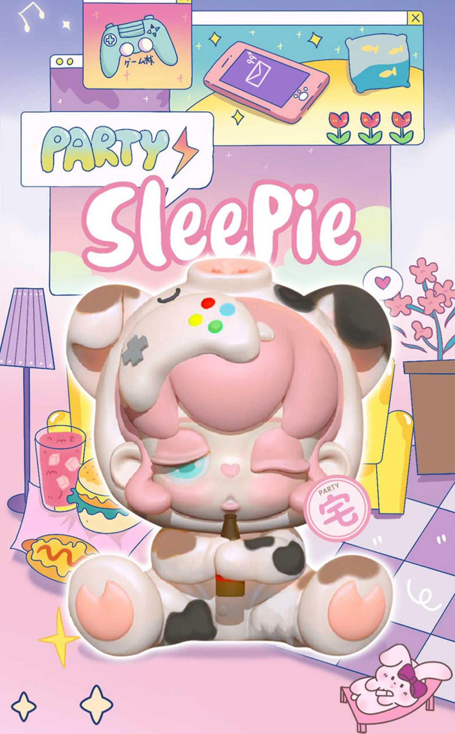 Cartoon toy cow, cell phone, heart, flower, star, and more in SLEEPIE Cub Cub Pajama Party Blind Box Series.