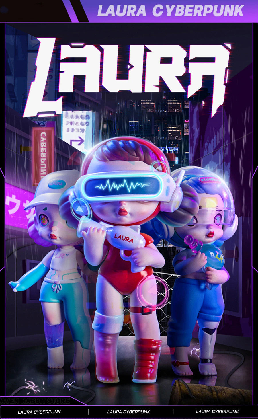 Cartoon characters from Laura - Cyberpunk Blind Box Series, including a girl with a toy gun and a character holding a balloon.