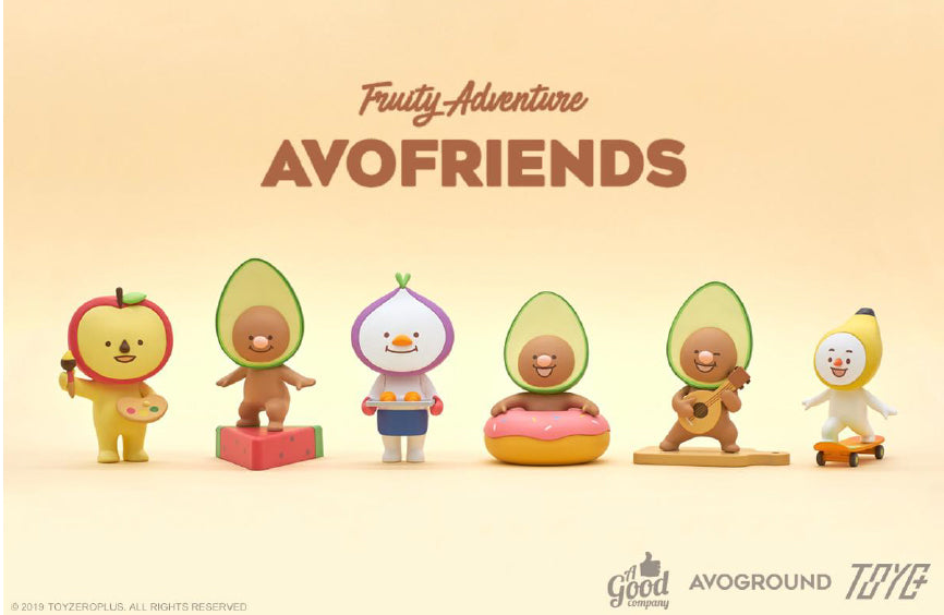 A group of small toys featuring Avo & Friends Classic Series characters engaging in various hobbies like swimming, skating, painting, baking, and playing the ukulele. Includes hidden editions and character identity cards.