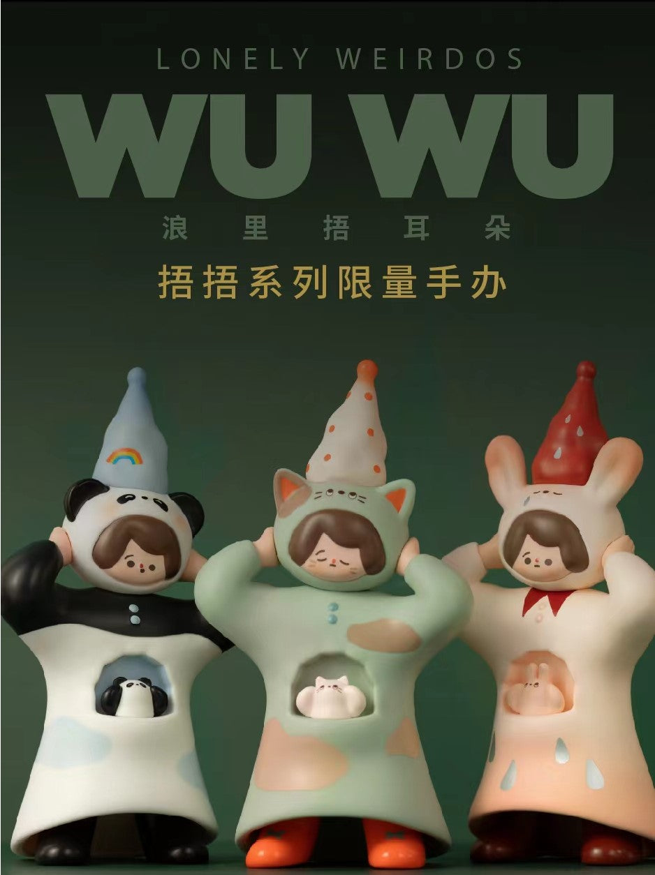 A group of dolls with hats and figurines, including a close-up of a doll and a panda.