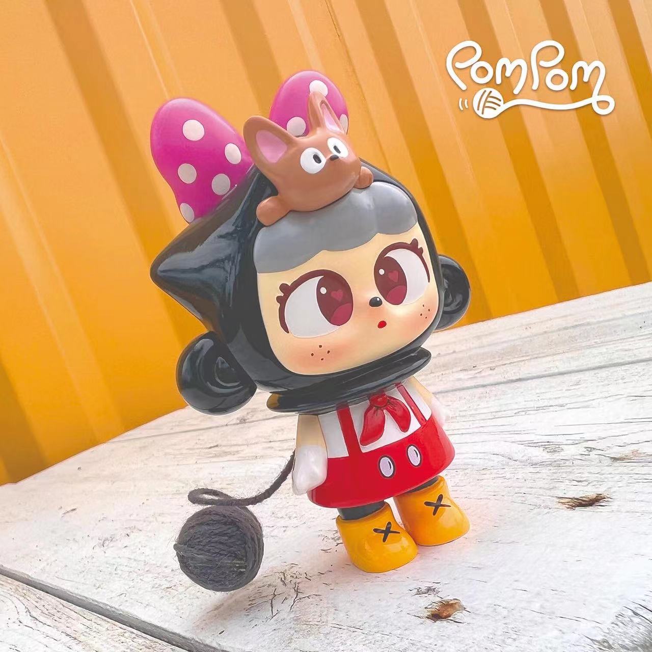 A toy figurine of NINI Pom Pom by CAR, a cartoon character with a smile, animated cartoon style, 13cm resin.