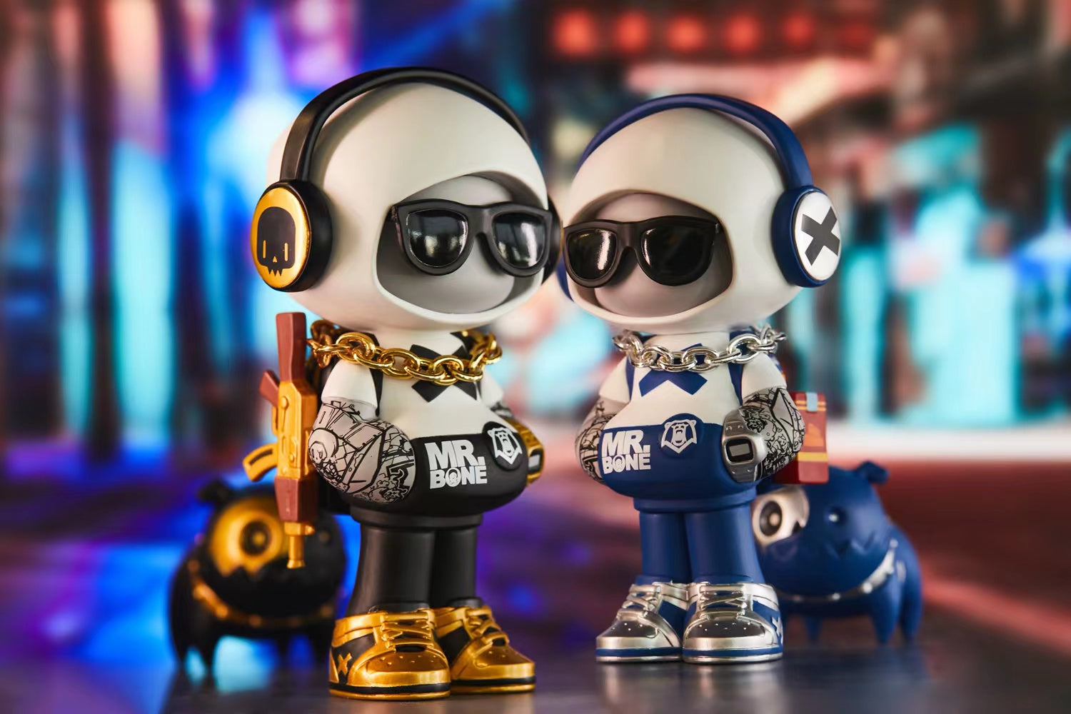 Mr Bone - The Bear toy figures with sunglasses, chain, gun, and robotic dog-Z.