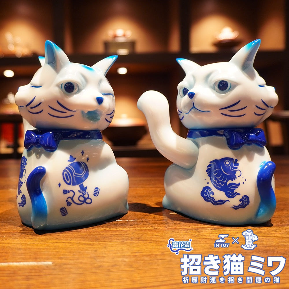 Three Faced Lucky Cat Blue & White Porcelain