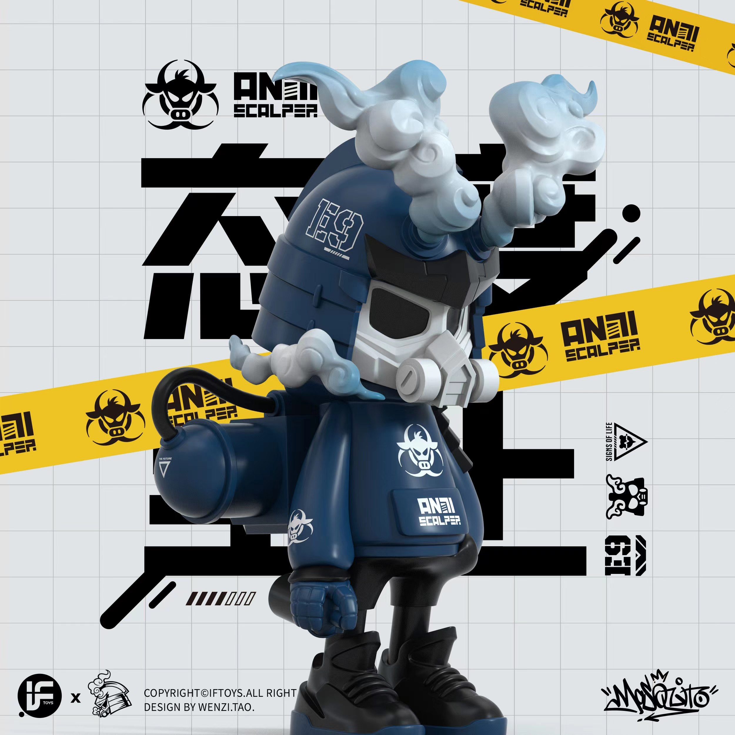 Toy figure with mask, black symbol, logo, graffiti, sculpture, shoes, and sign.