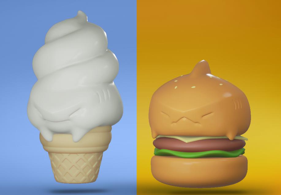 A close-up of a resin burger and ice cream cone figurine from the Shark Fast Food Series by Pack Kuchu, in sizes 2cm, 8cm, and 15cm.