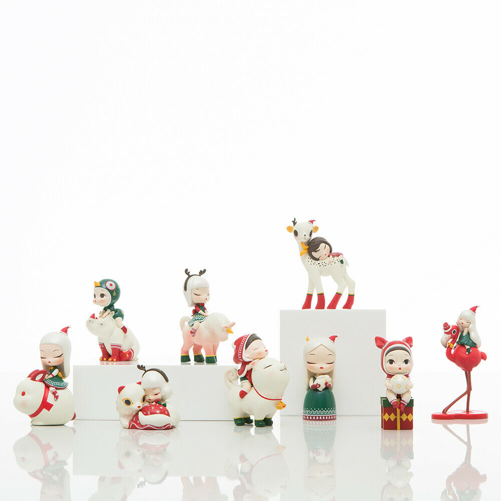 White Night Fairy-Christmas Forest - Lite figurine set: girl hugging deer, riding horse, cat, unicorn, holding ball, and more.