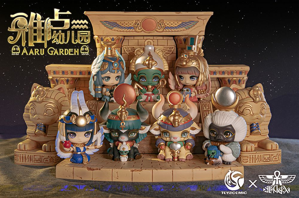 A group of small figurines from Aaru Garden Blind Box Series 2, including toy animals, a woman figurine, and a cat statue.