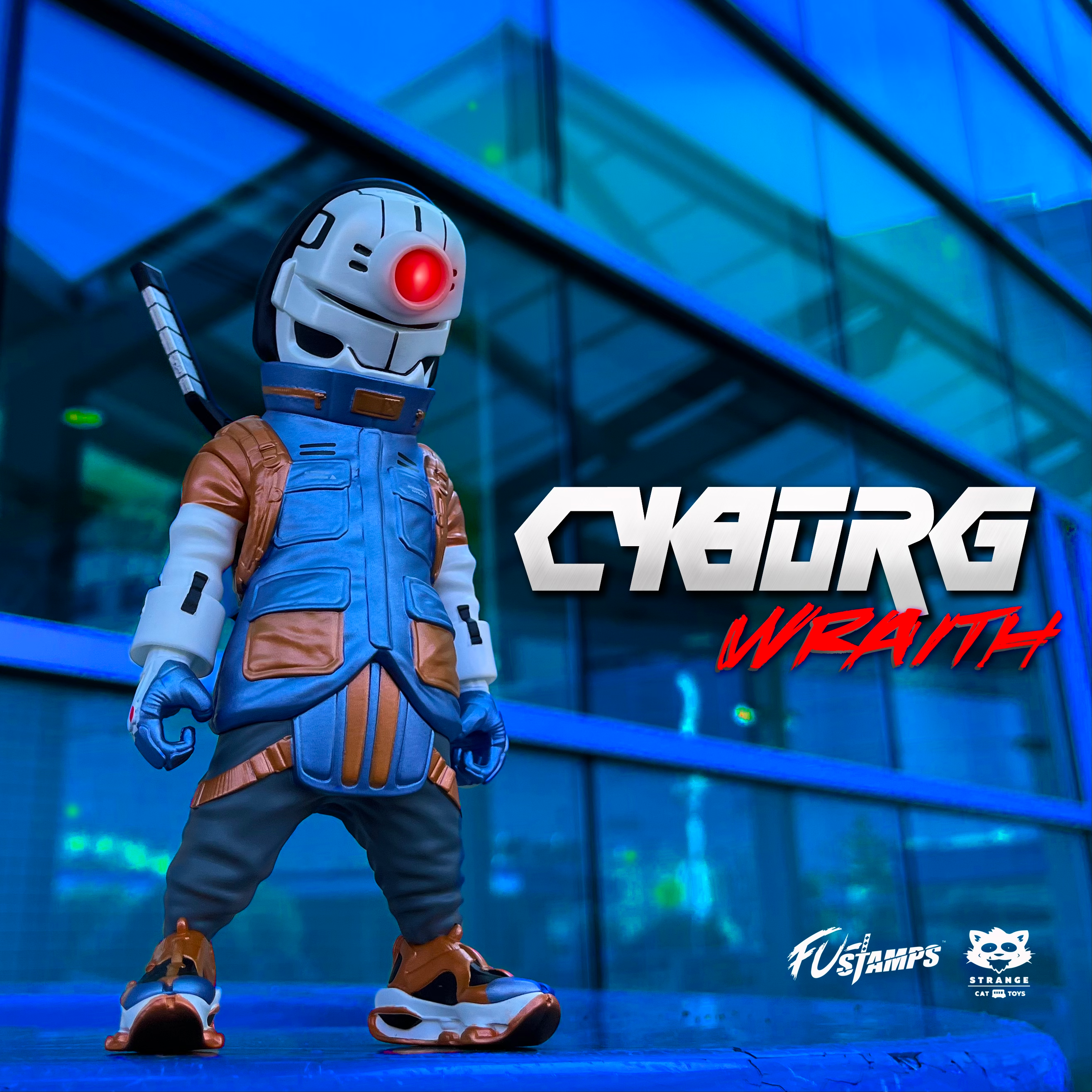 A toy figure action character with light-up features and removable swords, part of the Fu Stamps storyline by Rios Palante.