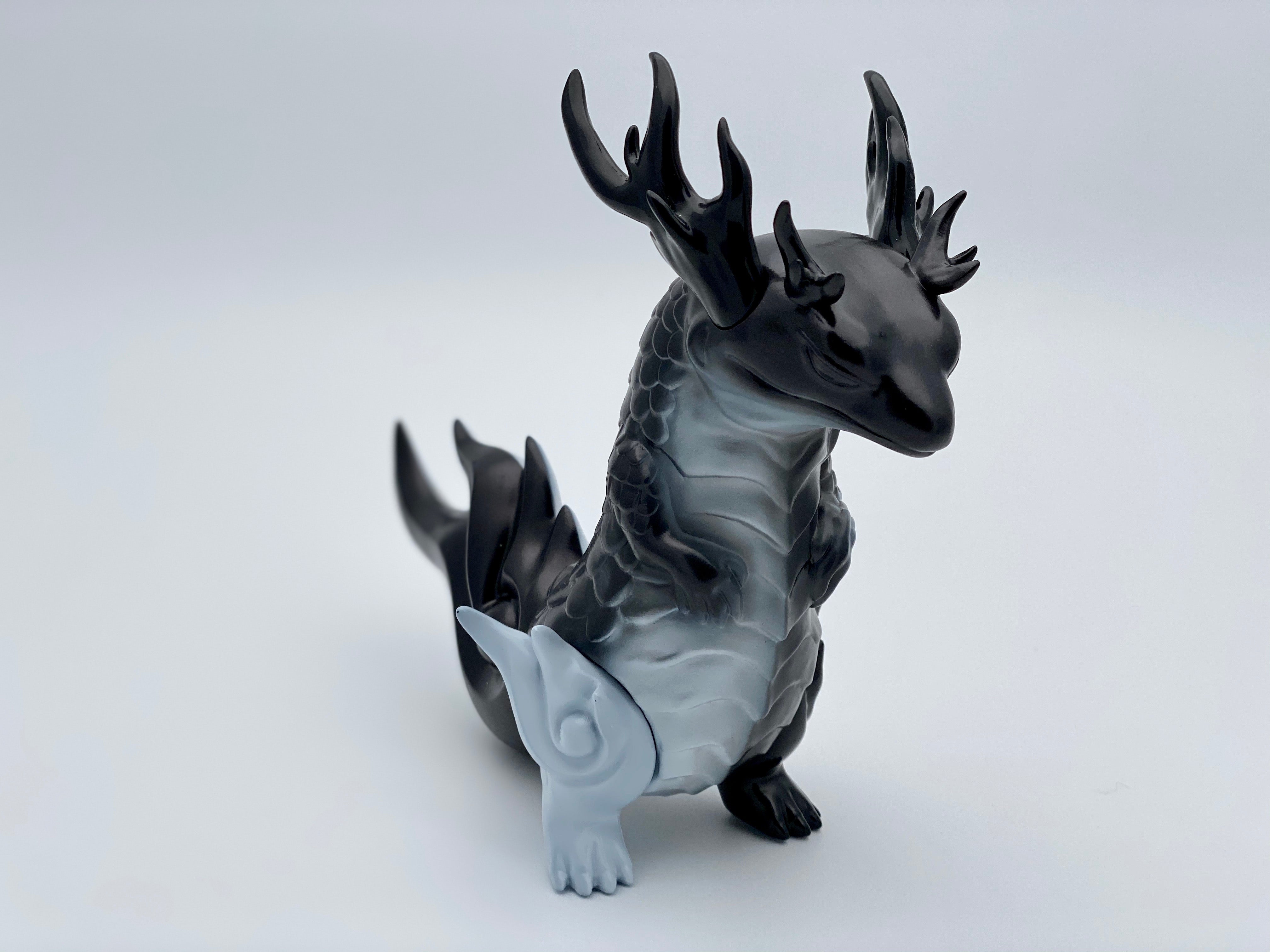 Japanese Soft Vinyl animal figure, Rinkaku - Mira By CORE Kashi, 15cm tall, 18cm nose to tail, featuring a black and white toy dragon.