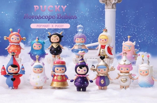 A group of toy figurines from Pucky Horoscope Babies Series by PUCKY x POP MART.