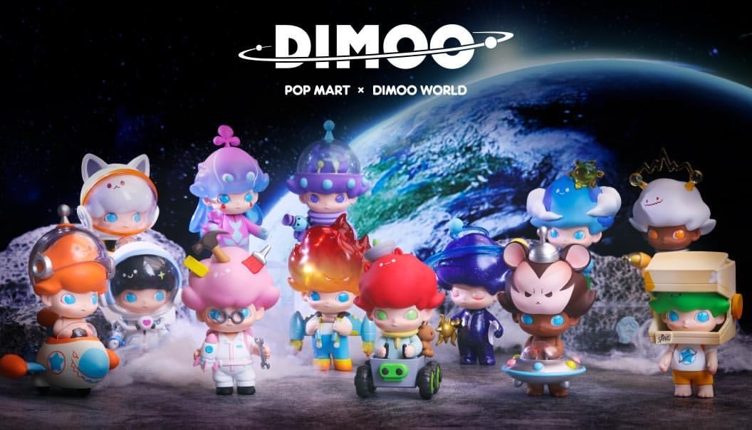 Dimoo Space Travel Mini Series toy figurines by Ayan x Pop Mart, featuring various characters in close-up shots.
