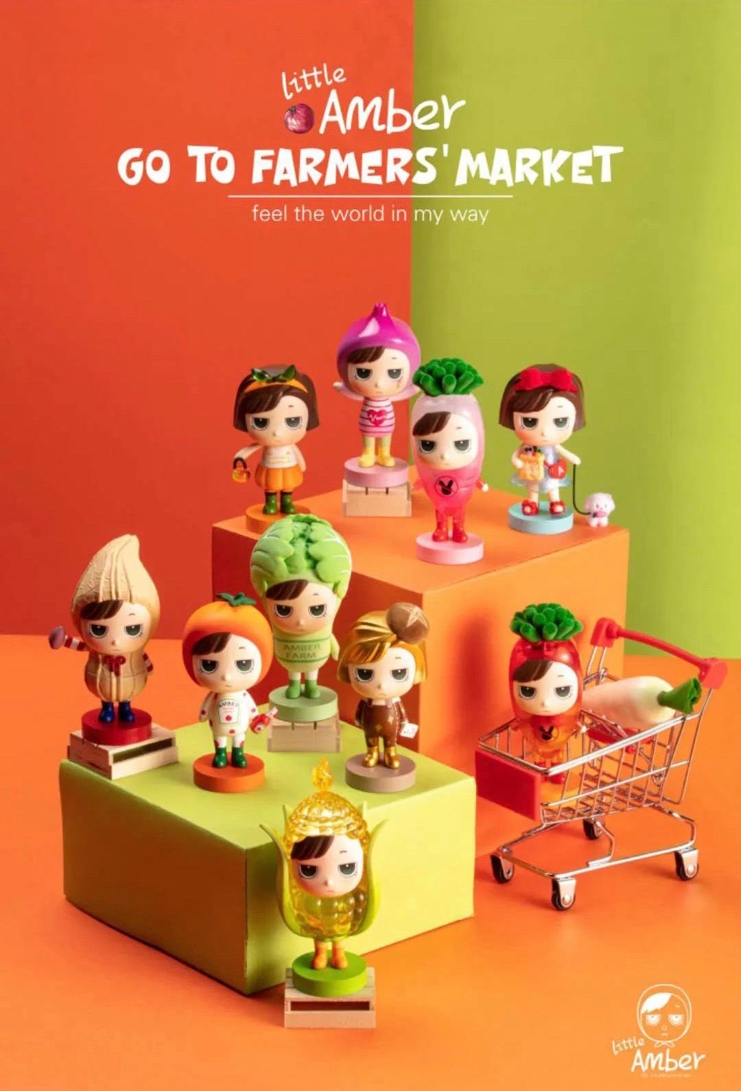 Little Amber - Go To Farmers Market by 1983: A group of toy figurines, including a girl, displayed in a shopping cart and close-up shots.