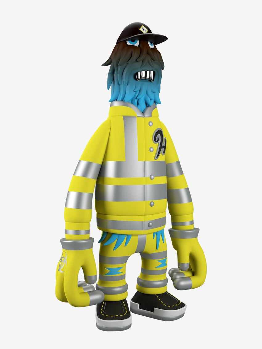 A toy figure wearing a firefighter garment and helmet, with unique shoes and a hazmat jumpsuit.