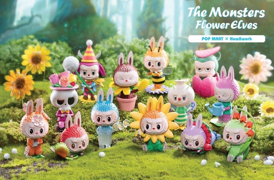 Toy sunflower with bee, toy bunny, clown figurine, and more from The Monster Flower Evles Labubu BlindBox Series by Kasing Lung x Pop Mart.
