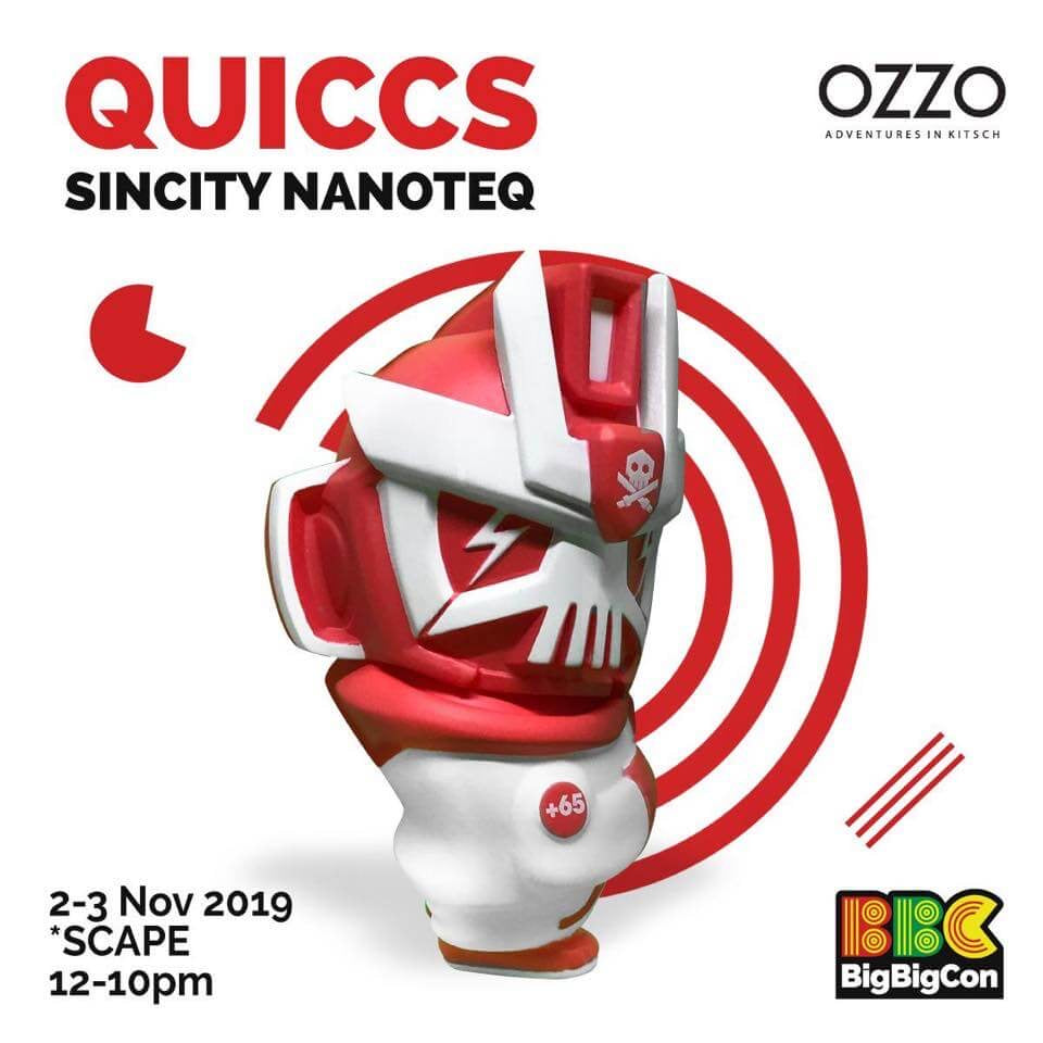 Nano TEQ SinCity by Quiccs x Devil Toys figurine with red and white design, logo, and skull and swords sign.