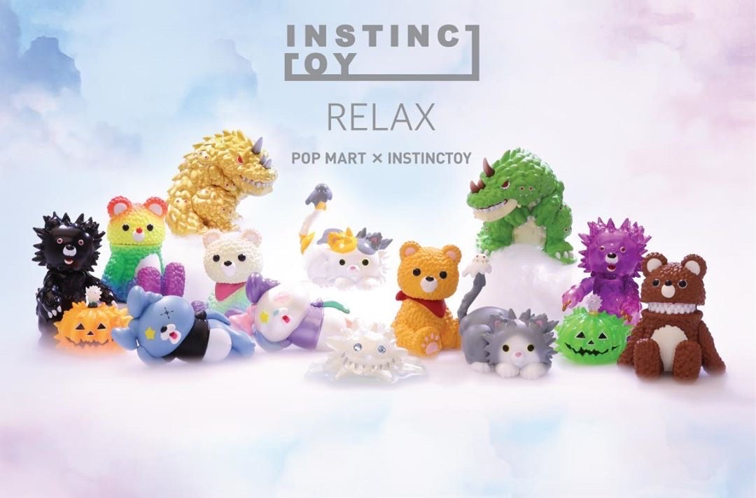 A group of small toys including a yellow and green dinosaur, a purple animal with green leaves, and a blue cartoon animal with a black shirt and pants from the Instinctoy Relax Mini Series by POP MART.