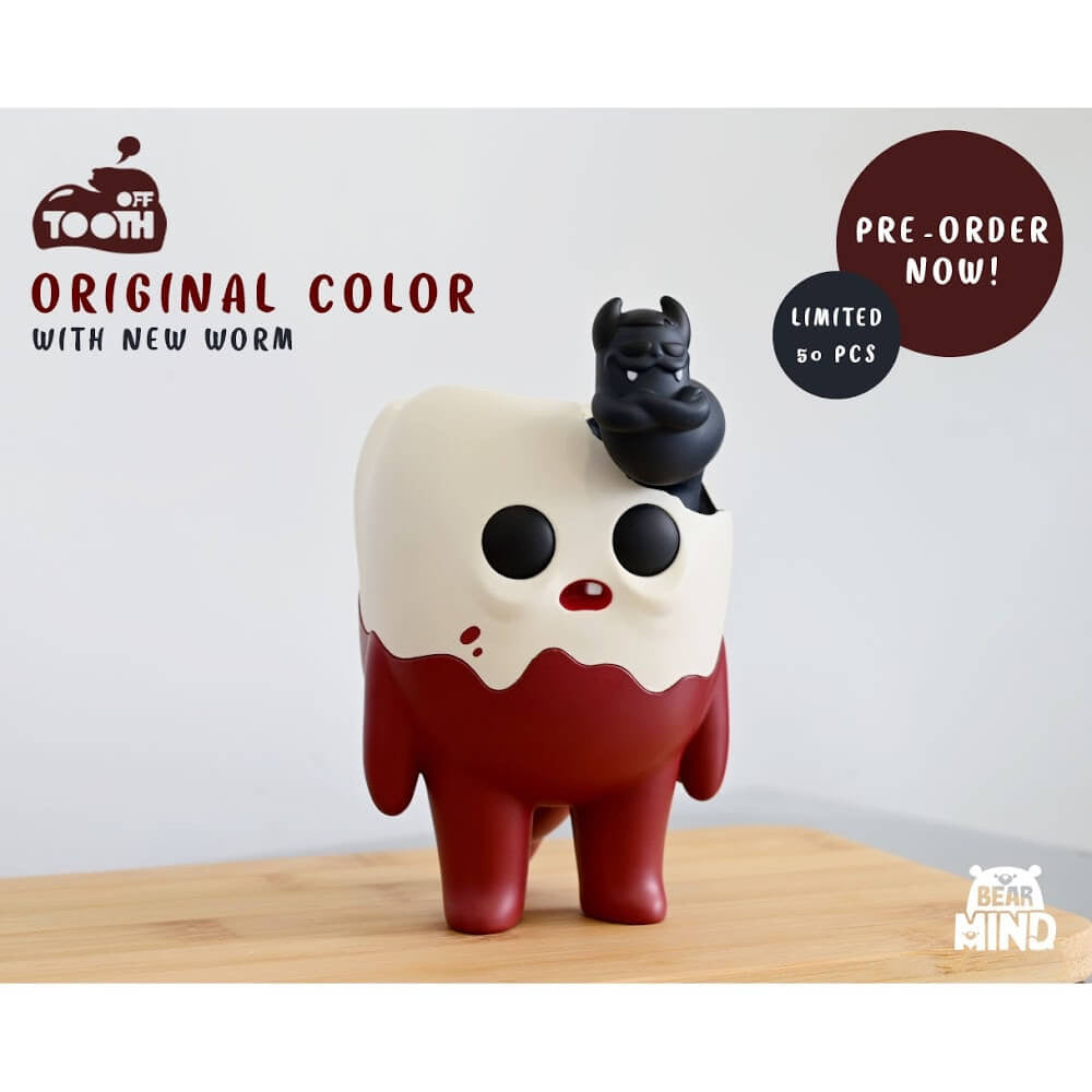 Toy figure of Tooth Off OG Tooth with Black Worm by Bear In Mind Toys, 5 inch soft vinyl, limited to 50pcs.