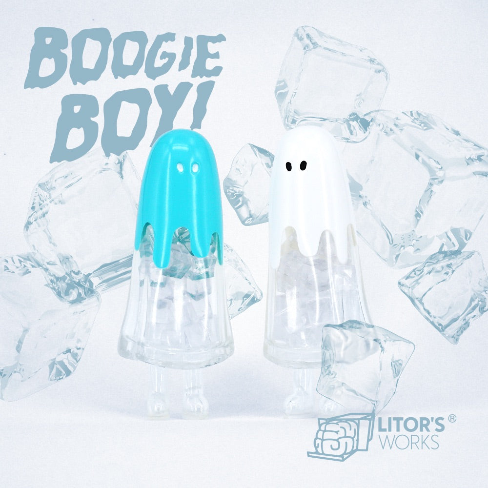 Two plastic figures with a ghost on top and a clear bottle, part of Boogie Boy - Ice White by Litor's Works.