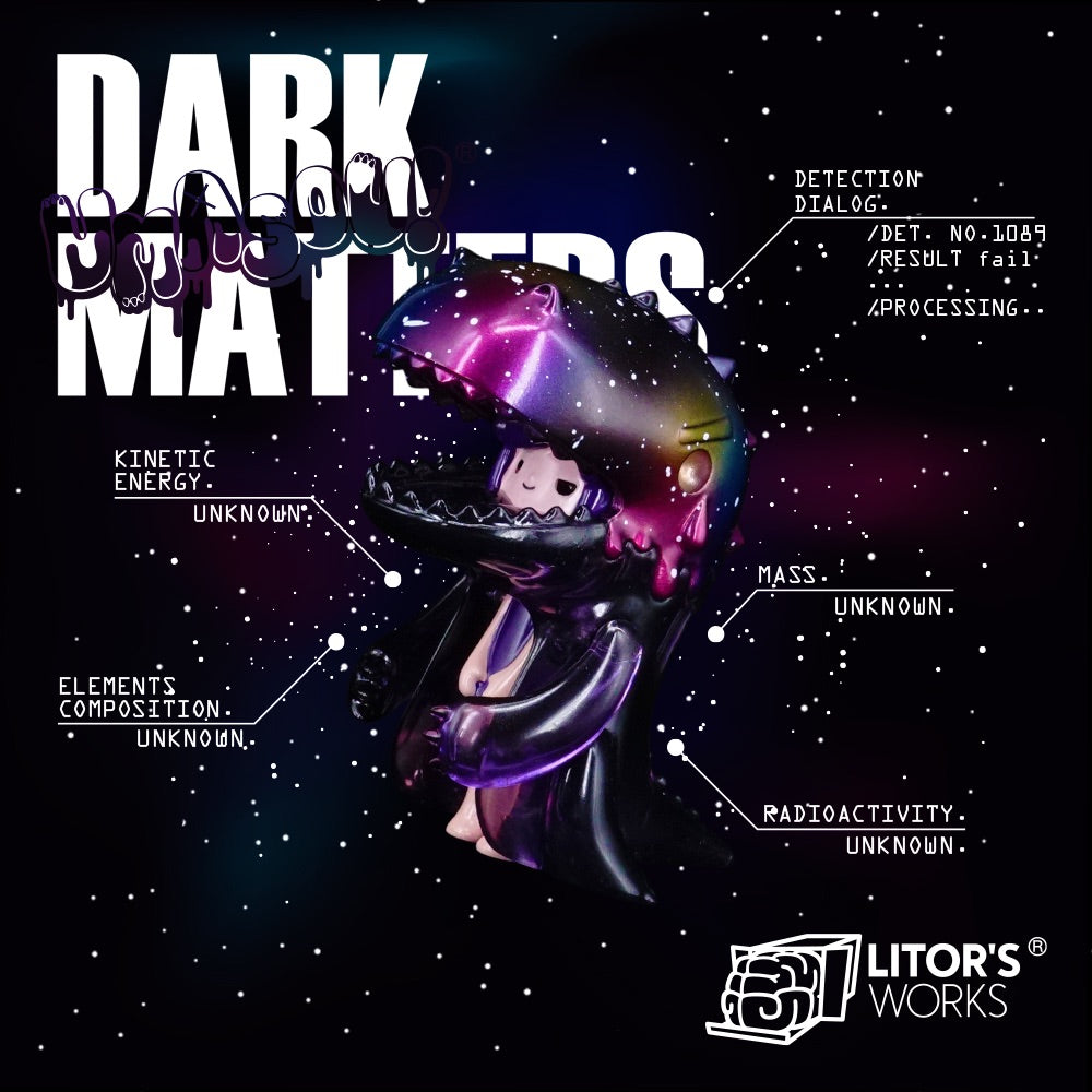 Umasou Dark Matters toy in dinosaur garment with text, graphic design, and cartoon elements.