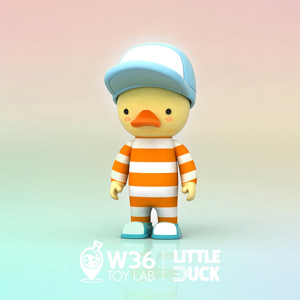 Cartoon character with hat and striped outfit, toy duck with hat, resin 13cm.